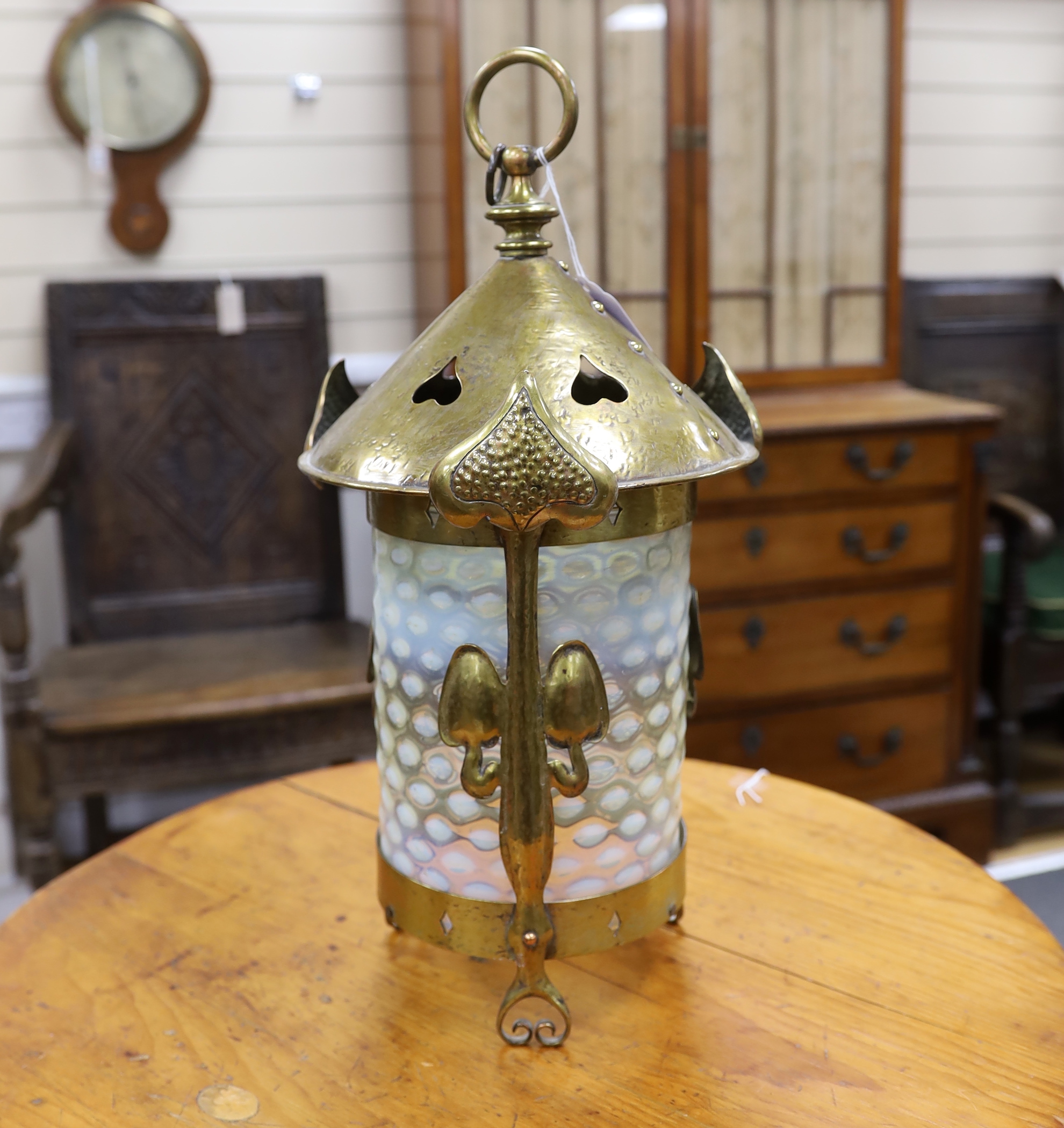 A brass Art Nouveau hall lamp with vaseline glass shade in Benson style, 48cm high